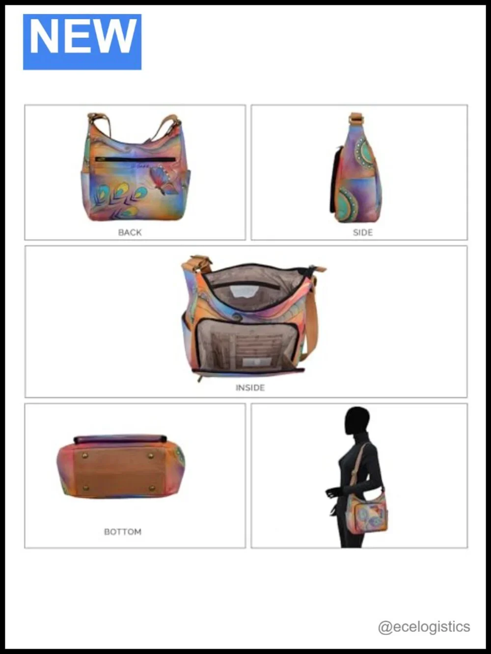 Hand-Painted Genuine Leather Hobo Bag - Zip-Top Organizer
